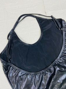 Shiny Black Halter Neck One-Piece Swimsuit