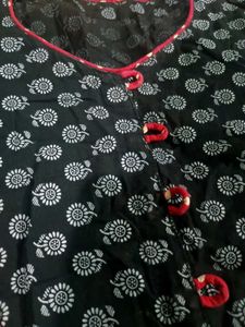 Black Printed Kurti with Red Polka-Dot Pants –