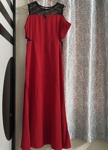 Red Cold Shoulder Lace Trim Maxi Dress