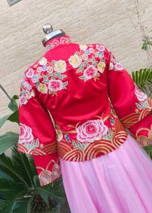 Embroidered Red Traditional Top with Pink Skirt