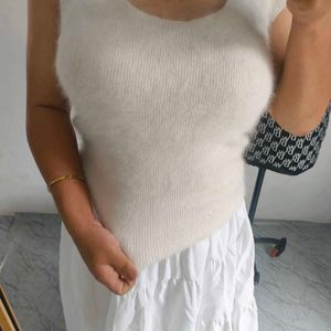 Fluffy White Sleeveless Top