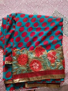 Beautiful Teal Saree with Red Polka Dots