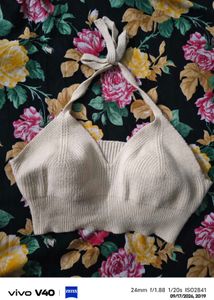 Cream Knit Halter Neck Crop Top