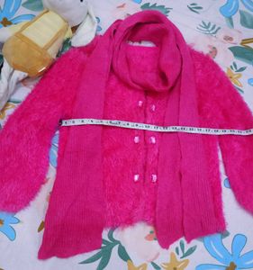 Fuzzy Pink Cardigan with scarf 🧣