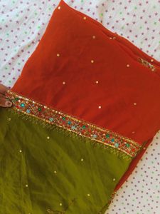 Elegant Red &amp; Green Embellished Saree
