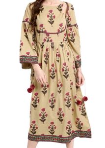 Beige Block Print Boho Kurta with flare