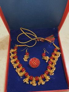 Red Beaded Jewellery Set with Ring