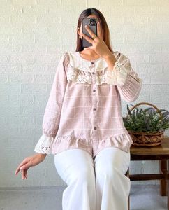 Chic Lace Trim Plaid Button-Up Top