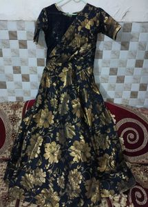 Black &amp; Golden Floral Net Long Gown / Anarkali Dre