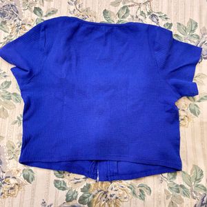 Blue Ribbed Zip Front Cropped Top