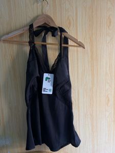 Newme Black Satin Lace Halter Top