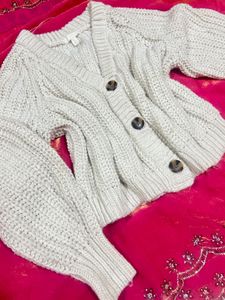 white  Knit Button-Up Cardigan