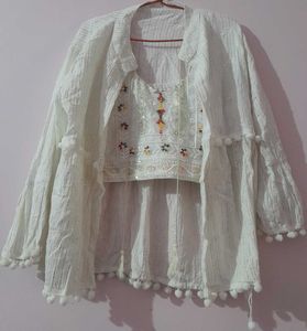 White Embroidered Top &amp; Shrug Set
