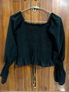 Black Smocked Ruffle Crop Top