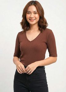 Classic Brown V-Neck 3/4 Sleeve Top