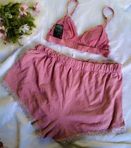 Women's Dark Pink Lace Bra with shorts 👍