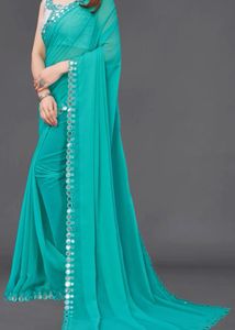 Stunning Teal Saree with Mirror Work