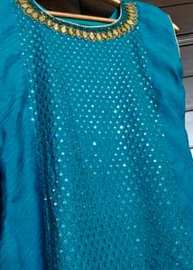 Teal Sequined Georgette Kurta Set with Dupatta