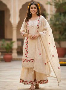 Cream Kurta Set with Red Embroidery