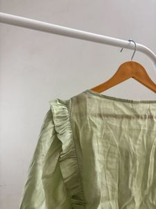Light Green Tie-Front Ruffle Korean Top