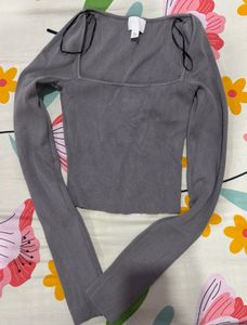 Gray Square Neck Long Sleeve Top
