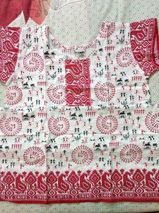 White Kurta with Red Ethnic Print