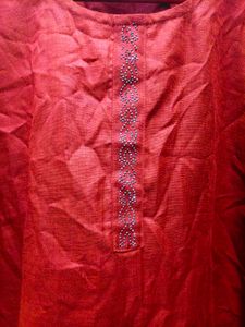 Elegant Red Kurta with Embellished Neckline