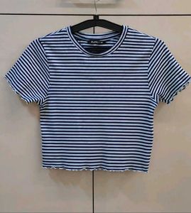 Blue & White Striped Cropped T-Shirt