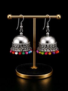 Boho Silver Jhumka Earrings with Colorful Beads