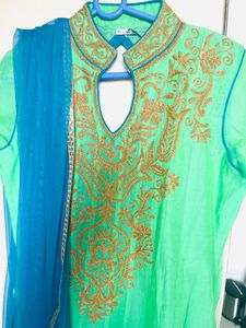 Mint Green &amp; Blue Embroidered Ethnic Gown/anarkali
