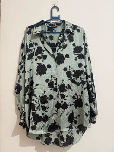 ZARA Oversized Satin Floral Button-Up Shirt