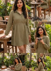 🔥Zudio 🔥Olive Green Button-Up Midi Dress