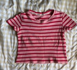 Pink & Red Striped Cropped Tee