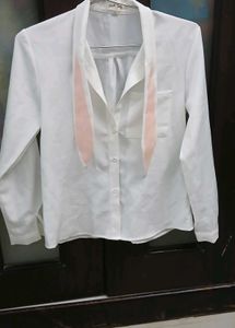White Button-Up Shirt with Pink Bunny Ear Accents