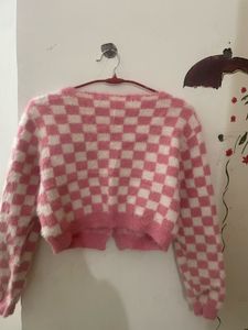 Cute Pink Checkered Fuzzy Cardigan