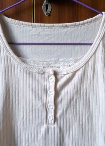Ribbed Henley Top with Lace Trim