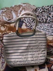 Chic Striped Handbag with Floral Embroidery