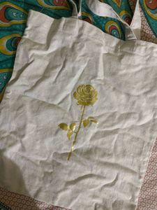 Cream Tote Bag with Gold Rose