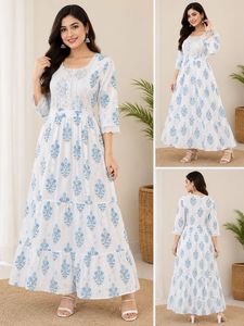 White & Blue Block Print Tiered Long frock Dress