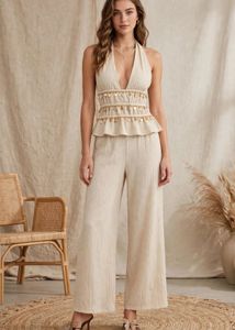 Boho Halter Neck Crop Top &amp; Wide Leg Pants Set