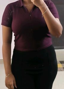 Ribbed Collared Zip-Up Top