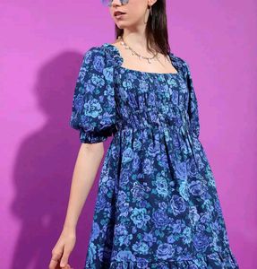 Blue Floral Smocked Square Neck Dress