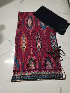 Vibrant Geometric Print kurta fabric with lace