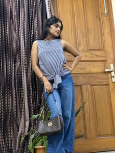 Striped Tie-Front Sleeveless Top