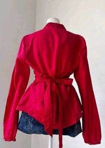 Red Peplum Button-Down Top