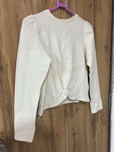 Cream Ribbed Twist Front Top