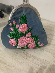Denim Clutch with Floral Embroidery