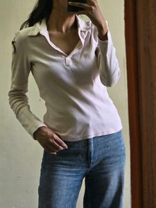 Soft Pink Collared Long Sleeve Top