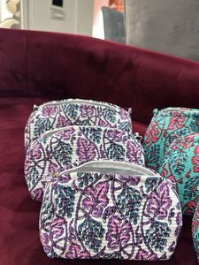 Set of 6 Block Print Floral Quilted Pouches
