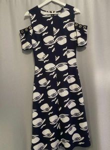 Navy Blue Abstract Print Cold Shoulder Bodycon Min
